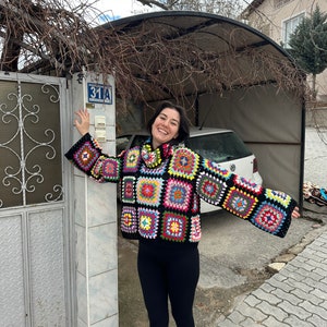 Granny Square Sweater, Oversize Cotton Sweater, Crochet Turtleneck Sweater, Cozy Rainbow Sweater, Unisex Knit Sweater, Patchwork Sweater image 7