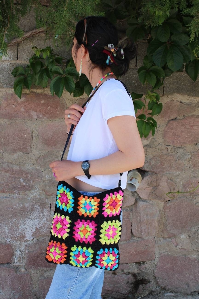 Crochet Bag, Granny Square Bag, Crochet Purse, Boho Bag, Crochet Tote Bag, Hippie Bag, Vintage Style, Granny Square Crochet Bag, Retro Bag