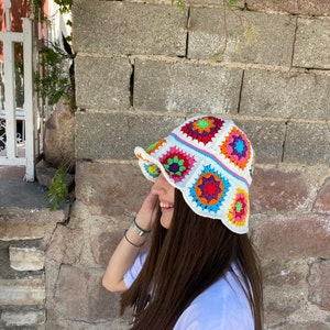 Granny Square Hat, Colorful Bucket Hat, Crochet Hat, Festival Hat, Bucket Hat, Crochet Sun Hat, Summer Sun Hat, Rainbow Crochet Hat, Gift image 4