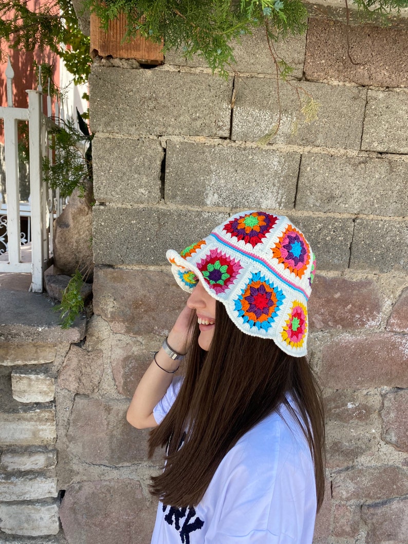 Granny Square Hat, Colorful Bucket Hat, Crochet Hat, Festival Hat, Bucket Hat, Crochet Sun Hat, Summer Sun Hat, Rainbow Crochet Hat, Gift image 4