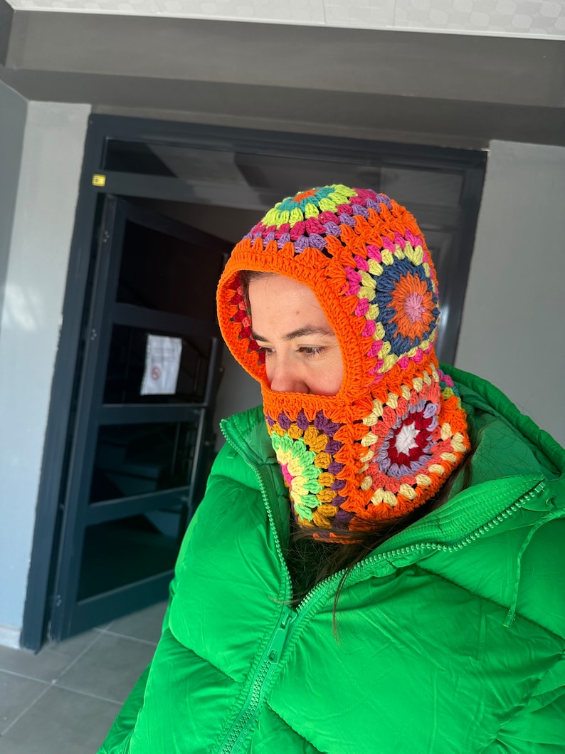 Granny Chic Crochet Balaclava Handmade Winter Hat with Afghan Blanket Design image 7