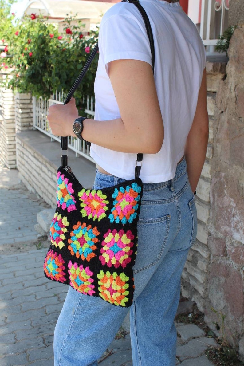 Crochet Bag, Granny Square Bag, Crochet Purse, Boho Bag, Crochet Tote Bag, Hippie Bag, Vintage Style, Granny Square Crochet Bag, Retro Bag