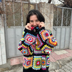 Granny Square Sweater, Oversize Cotton Sweater, Crochet Turtleneck Sweater, Cozy Rainbow Sweater, Unisex Knit Sweater, Patchwork Sweater image 5