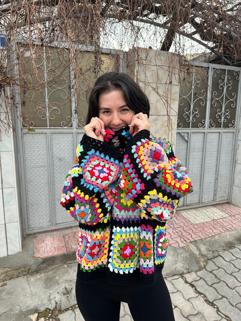 Granny Square Sweater, Oversize Cotton Sweater, Crochet Turtleneck Sweater, Cozy Rainbow Sweater, Unisex Knit Sweater, Patchwork Sweater image 5