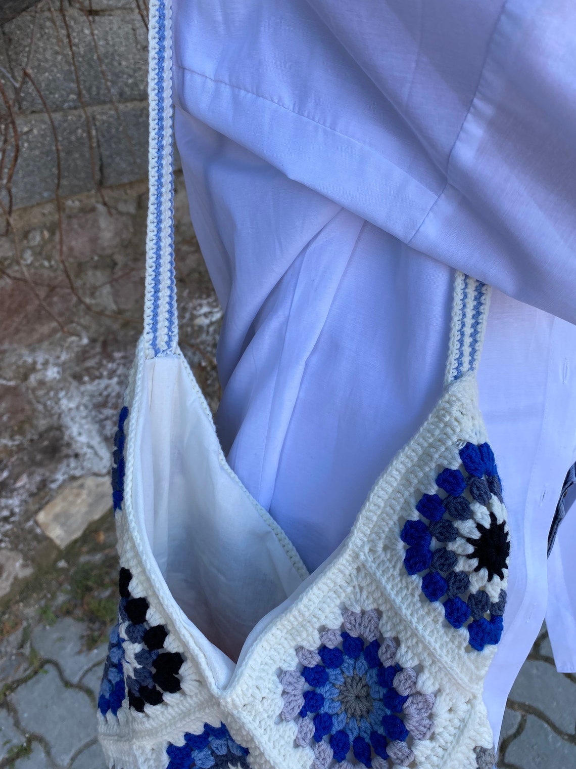 Granny Square White Blue Bag Crochet Purse Afgan Crochet | Etsy