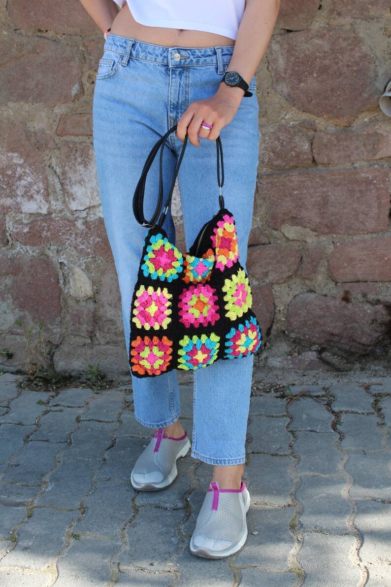 Crochet Bag, Granny Square Bag, Crochet Purse, Boho Bag, Crochet Tote Bag, Hippie Bag, Vintage Style, Granny Square Crochet Bag, Retro Bag