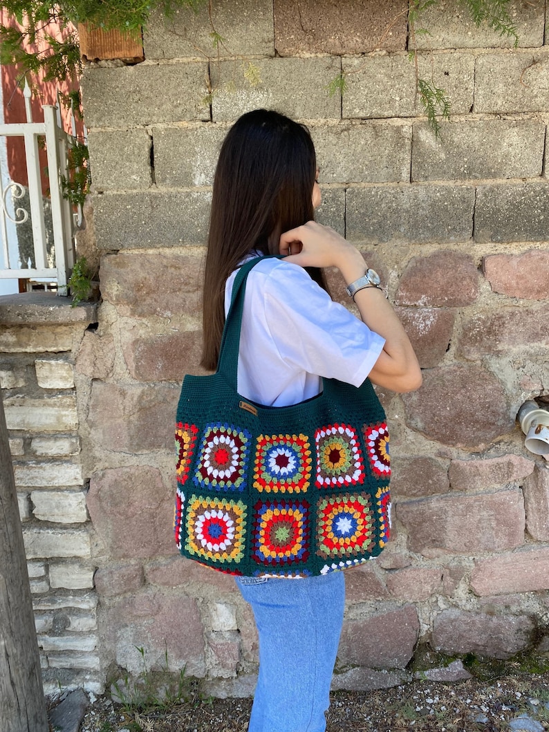 Crochet Bag, Granny Square Bag, Afghan Bag, Hobo Bag, Hippie Bag, Crochet Tote Bag, Retro Bag, Vintage Style, Crochet Purse, Gift for Her image 1