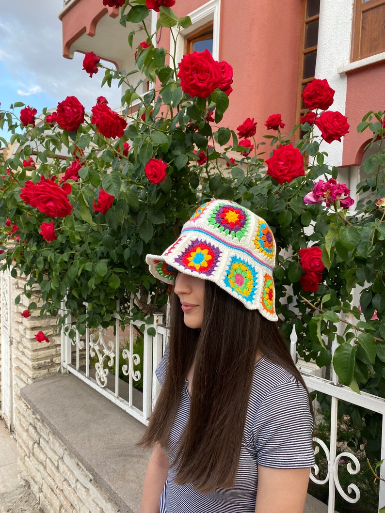 Granny Square Hat, Colorful Bucket Hat, Crochet Hat, Festival Hat, Bucket Hat, Crochet Sun Hat, Summer Sun Hat, Rainbow Crochet Hat, Gift image 7