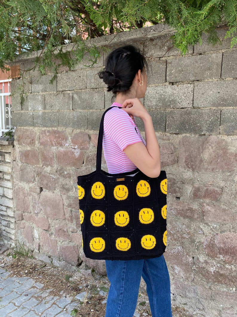 Smiley Face Crochet Bag Granny Square Bag Crochet Tote - Etsy