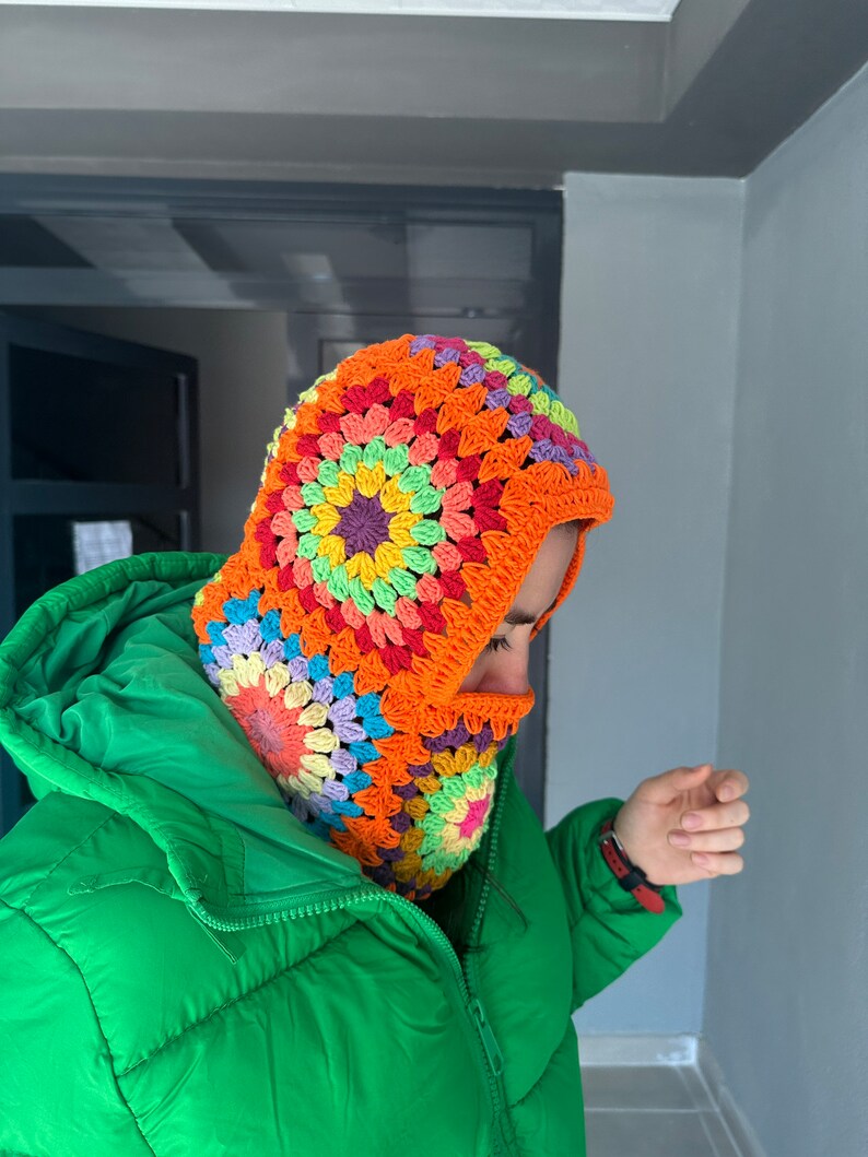 Granny Chic Crochet Balaclava Handmade Winter Hat with Afghan Blanket Design image 4