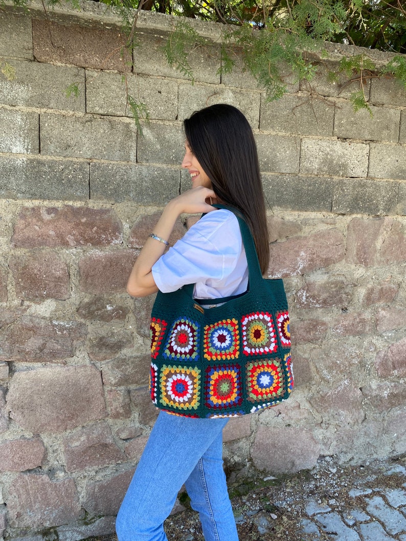 Crochet Bag, Granny Square Bag, Afghan Bag, Hobo Bag, Hippie Bag, Crochet Tote Bag, Retro Bag, Vintage Style, Crochet Purse, Gift for Her image 7