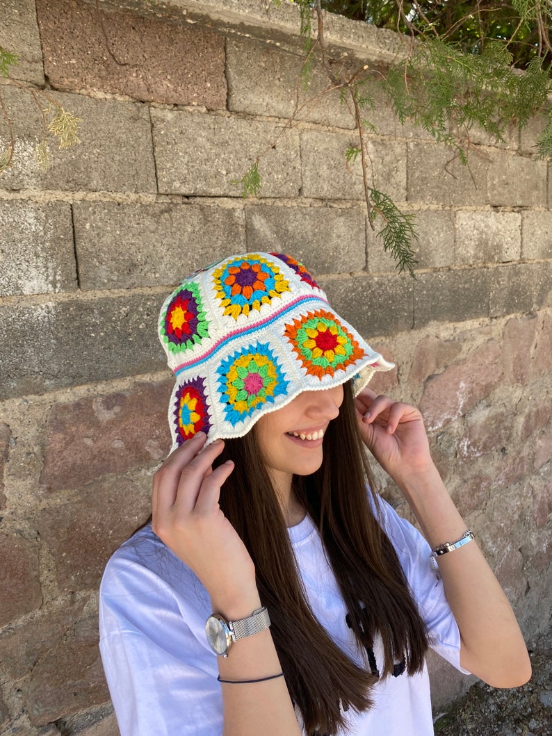 Granny Square Hat, Colorful Bucket Hat, Crochet Hat, Festival Hat, Bucket Hat, Crochet Sun Hat, Summer Sun Hat, Rainbow Crochet Hat, Gift image 5