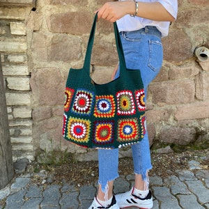 Crochet Bag, Granny Square Bag, Afghan Bag, Hobo Bag, Hippie Bag, Crochet Tote Bag, Retro Bag, Vintage Style, Crochet Purse, Gift for Her image 9