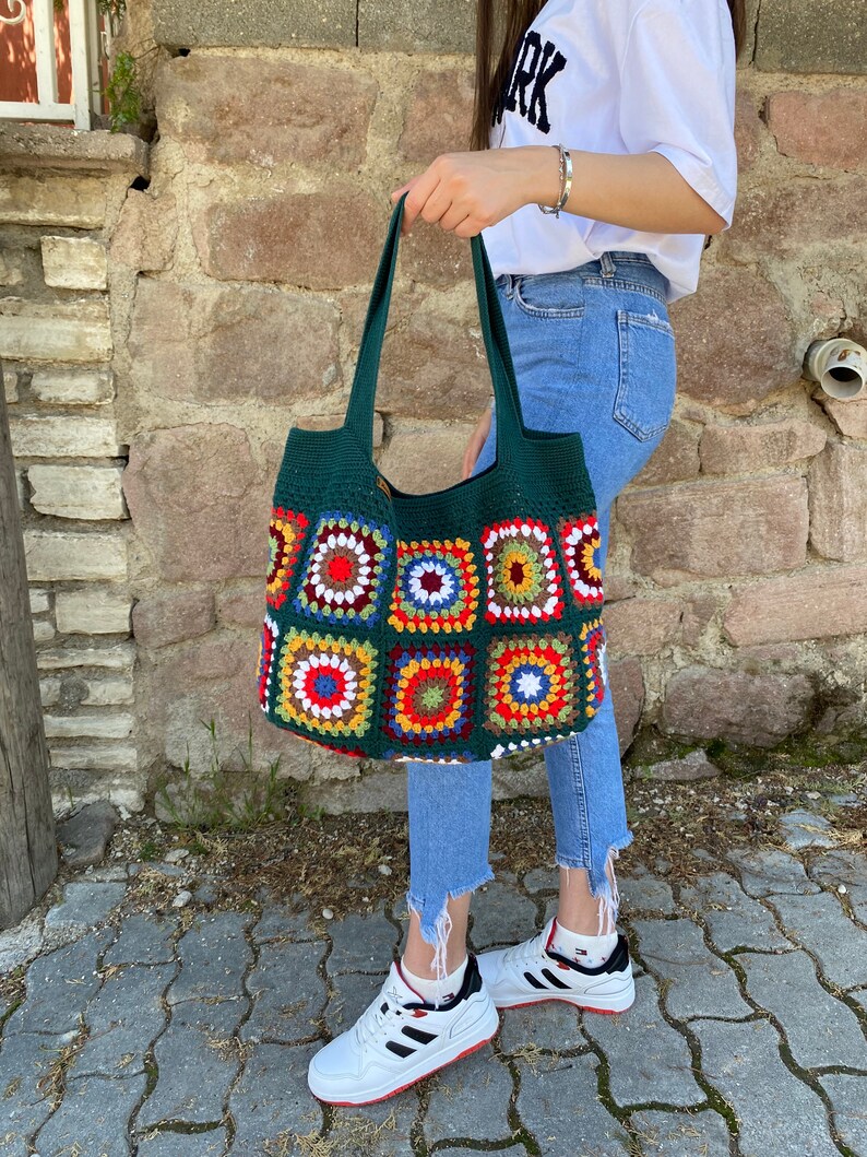 Crochet Bag, Granny Square Bag, Afghan Bag, Hobo Bag, Hippie Bag, Crochet Tote Bag, Retro Bag, Vintage Style, Crochet Purse, Gift for Her image 9