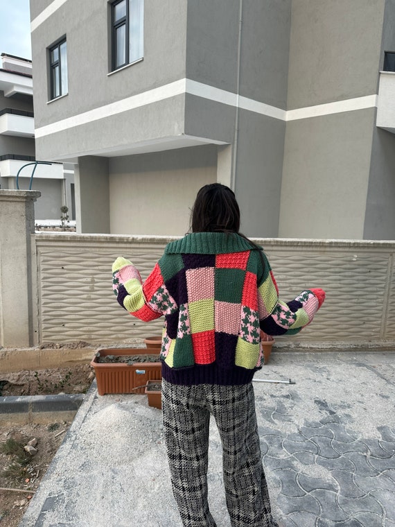Oversized Jacket, Multicolor Knit Cardigan, Patch… - image 10