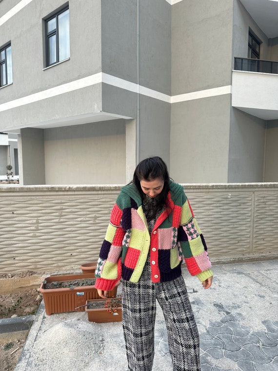 Oversized Jacket, Multicolor Knit Cardigan, Patch… - image 6