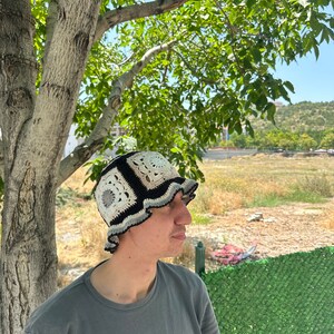 Granny Square Hat, Crochet Flower Hat, Vintage Hat, Cotton Bucket Hat, Crochet Beanie, Black White Hat, Hippie Boho Hat, Festival Bucket Hat image 3