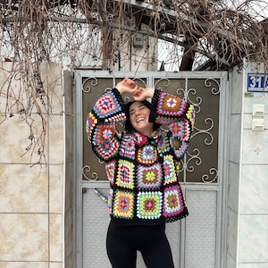 Granny Square Sweater, Oversize Cotton Sweater, Crochet Turtleneck Sweater, Cozy Rainbow Sweater, Unisex Knit Sweater, Patchwork Sweater image 6