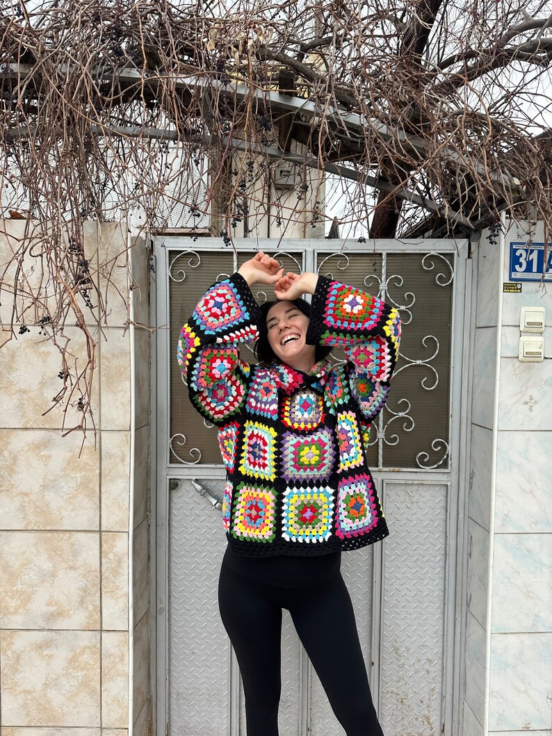 Granny Square Sweater, Oversize Cotton Sweater, Crochet Turtleneck Sweater, Cozy Rainbow Sweater, Unisex Knit Sweater, Patchwork Sweater image 6