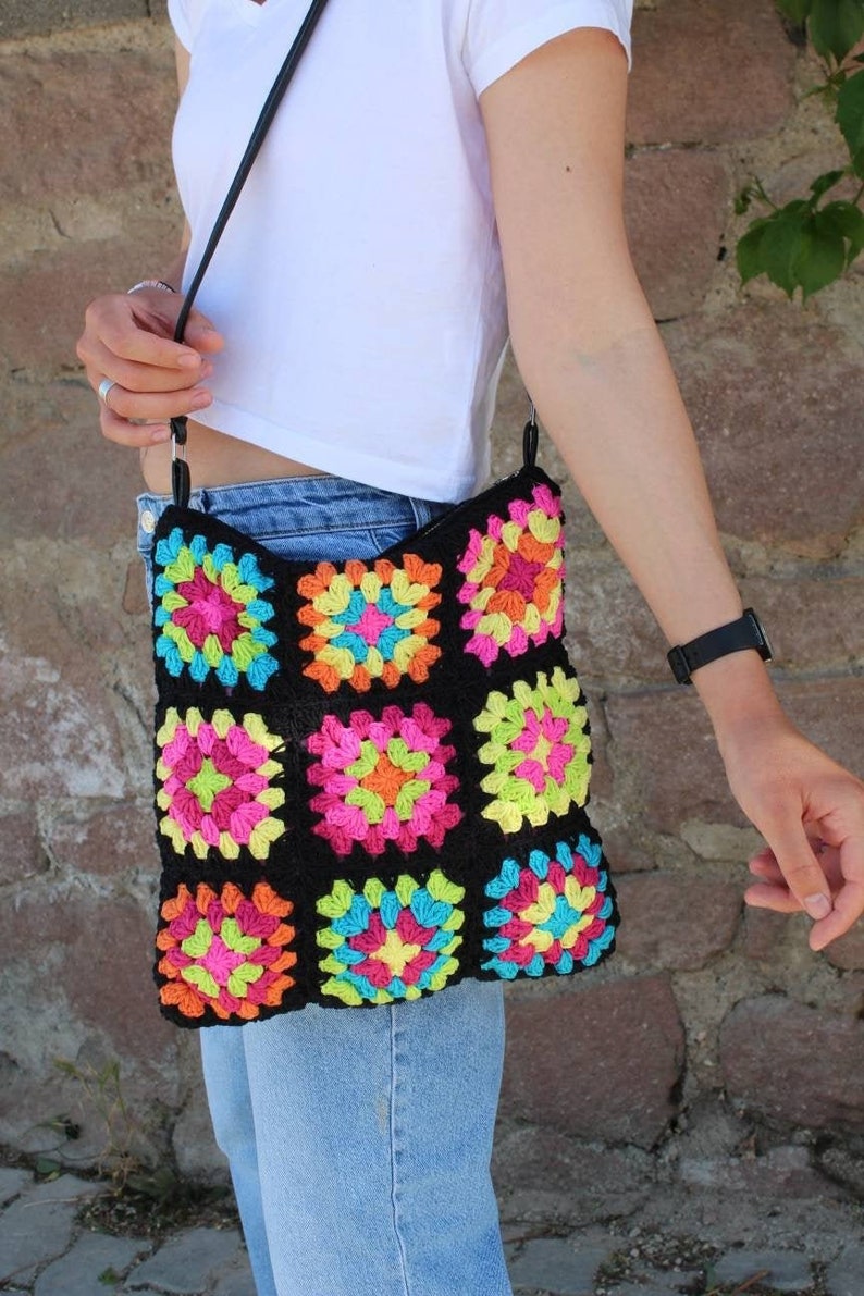 Crochet Bag, Granny Square Bag, Crochet Purse, Boho Bag, Crochet Tote Bag, Hippie Bag, Vintage Style, Granny Square Crochet Bag, Retro Bag