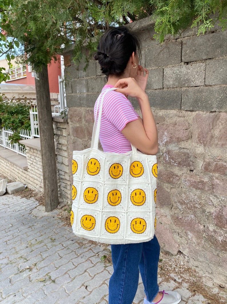 Smiley Face Crochet Bag Granny Square Bag Crochet Tote | Etsy