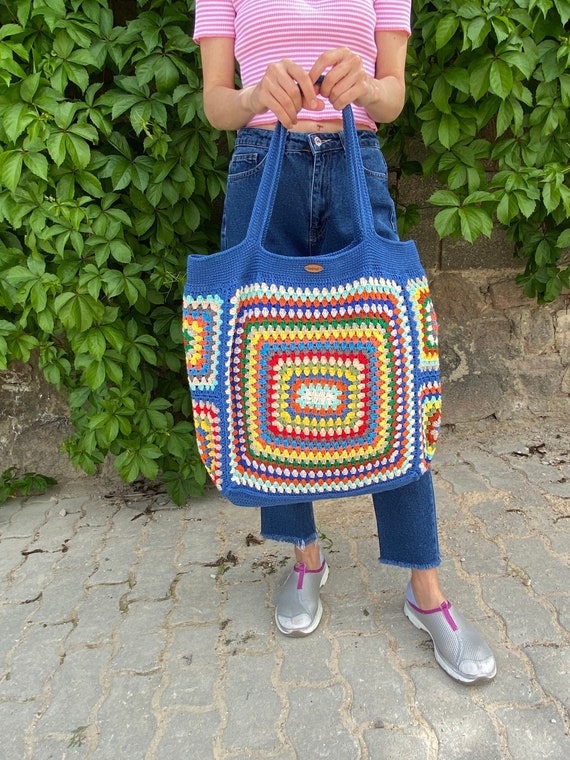 Granny Square XXL Size Bag Crochet Blue Bag Crochet Shoulder
