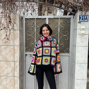 Granny Square Sweater, Oversize Cotton Sweater, Crochet Turtleneck Sweater, Cozy Rainbow Sweater, Unisex Knit Sweater, Patchwork Sweater image 8