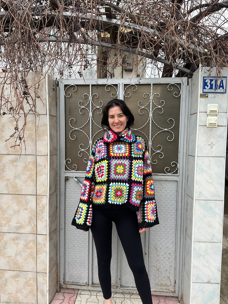 Granny Square Sweater, Oversize Cotton Sweater, Crochet Turtleneck Sweater, Cozy Rainbow Sweater, Unisex Knit Sweater, Patchwork Sweater image 8