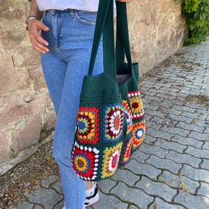 Crochet Bag, Granny Square Bag, Afghan Bag, Hobo Bag, Hippie Bag, Crochet Tote Bag, Retro Bag, Vintage Style, Crochet Purse, Gift for Her image 5