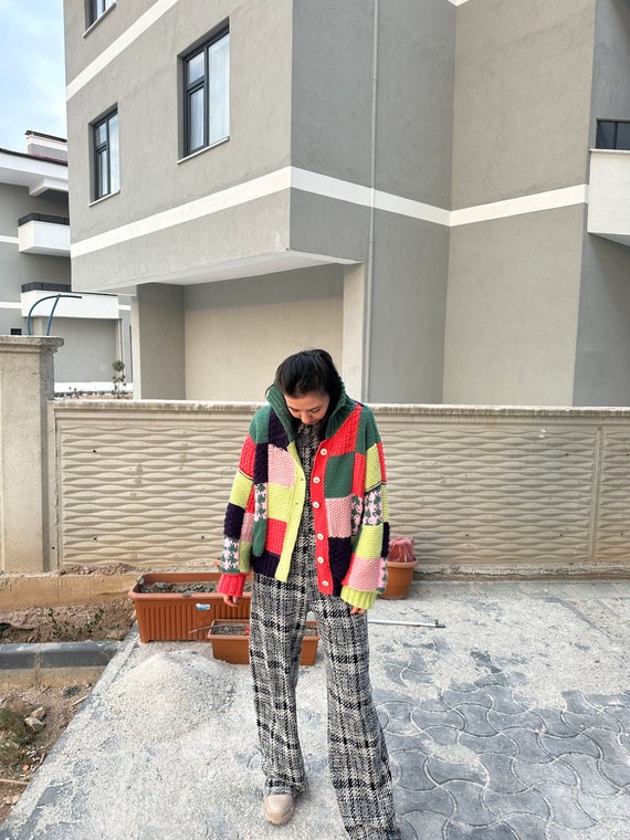 Oversized Jacket, Multicolor Knit Cardigan, Patch… - image 8