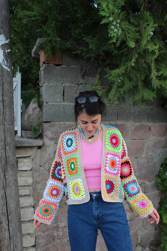 Kleding Dameskleding Sweaters Vesten Oma Square Coat Afghaans Gehaakt Vest Boho Vest Oma Vierkant Bloemen Vest 