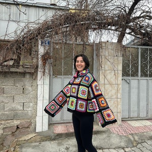 Granny Square Sweater, Oversize Cotton Sweater, Crochet Turtleneck Sweater, Cozy Rainbow Sweater, Unisex Knit Sweater, Patchwork Sweater image 9