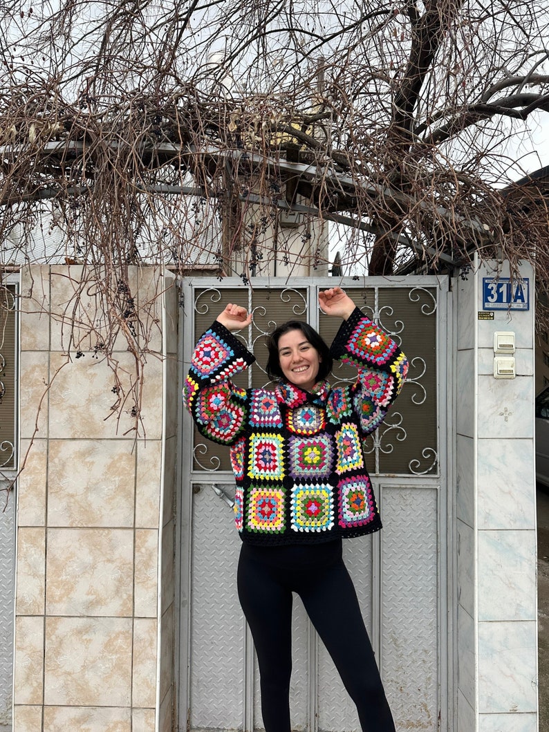 Granny Square Sweater, Oversize Cotton Sweater, Crochet Turtleneck Sweater, Cozy Rainbow Sweater, Unisex Knit Sweater, Patchwork Sweater image 2