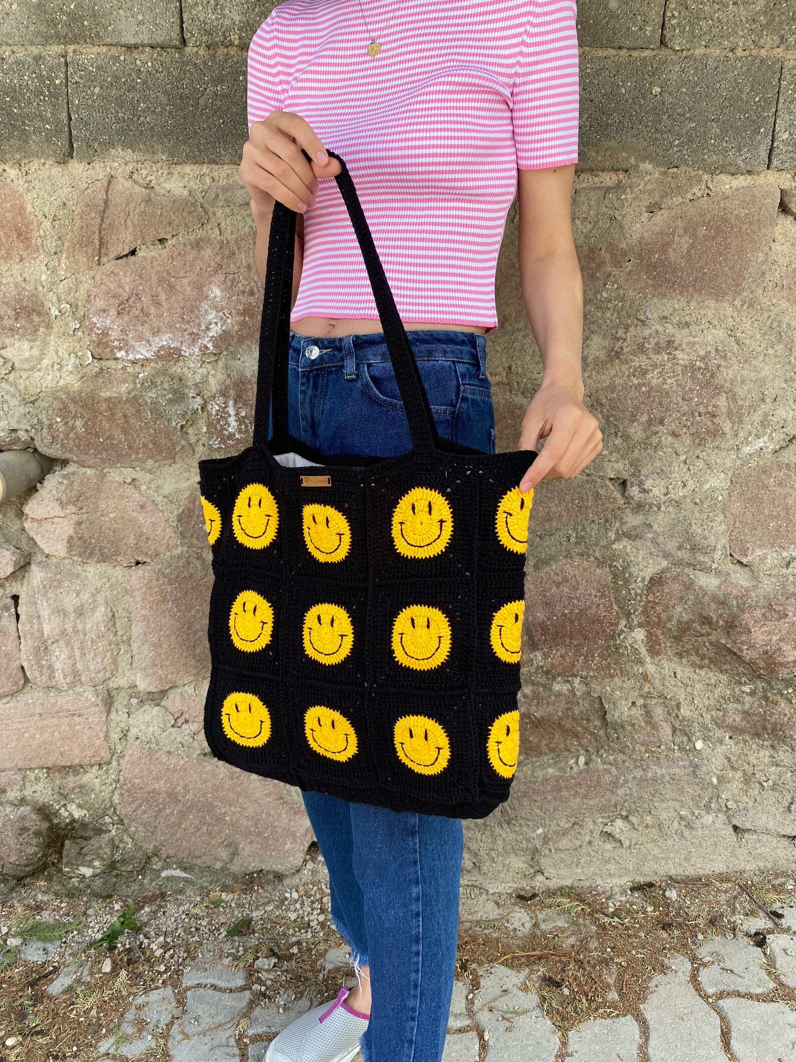 Smiley Face Crochet Bag Granny Square Bag Crochet Tote - Etsy