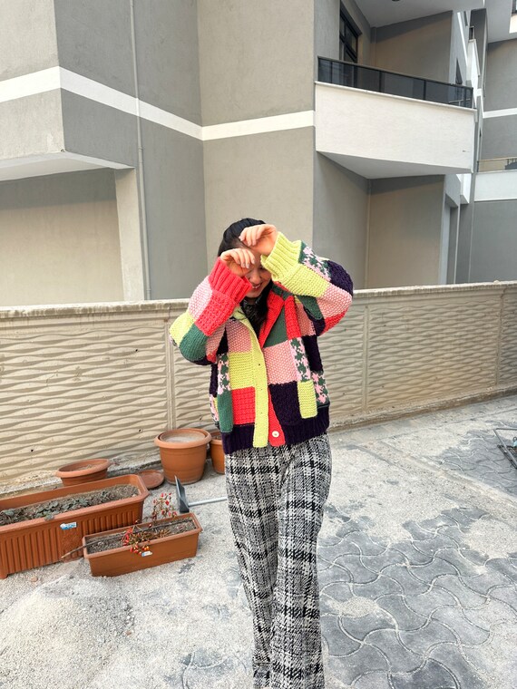 Oversized Jacket, Multicolor Knit Cardigan, Patch… - image 7