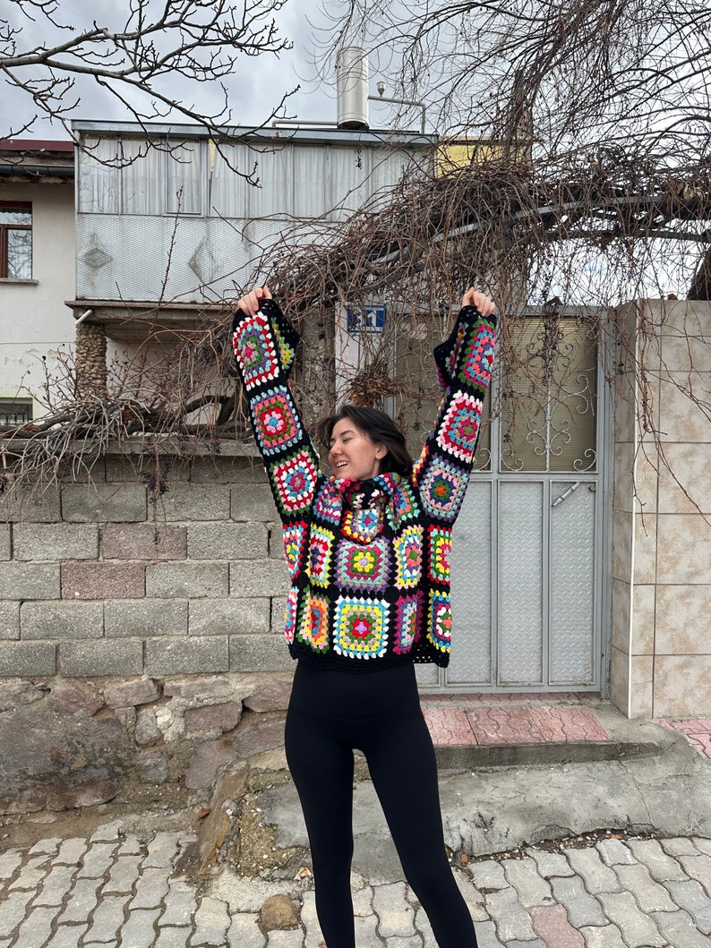 Granny Square Sweater, Oversize Cotton Sweater, Crochet Turtleneck Sweater, Cozy Rainbow Sweater, Unisex Knit Sweater, Patchwork Sweater image 10