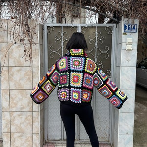 Granny Square Sweater, Oversize Cotton Sweater, Crochet Turtleneck Sweater, Cozy Rainbow Sweater, Unisex Knit Sweater, Patchwork Sweater image 3
