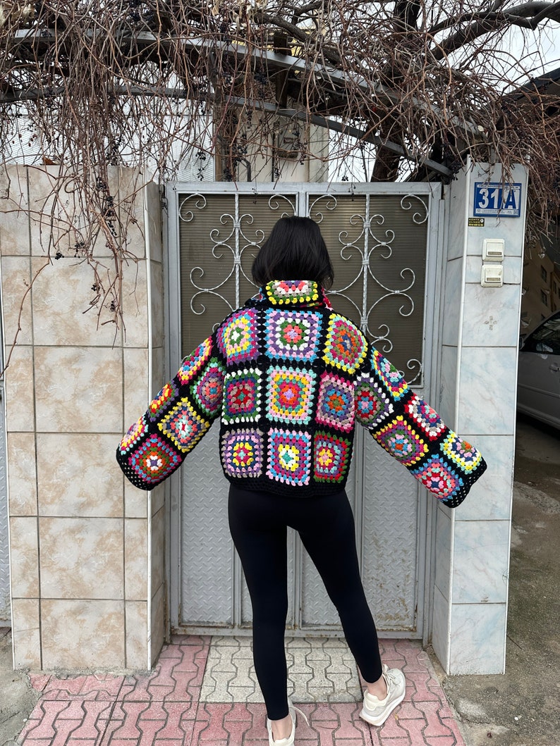 Granny Square Sweater, Oversize Cotton Sweater, Crochet Turtleneck Sweater, Cozy Rainbow Sweater, Unisex Knit Sweater, Patchwork Sweater image 3