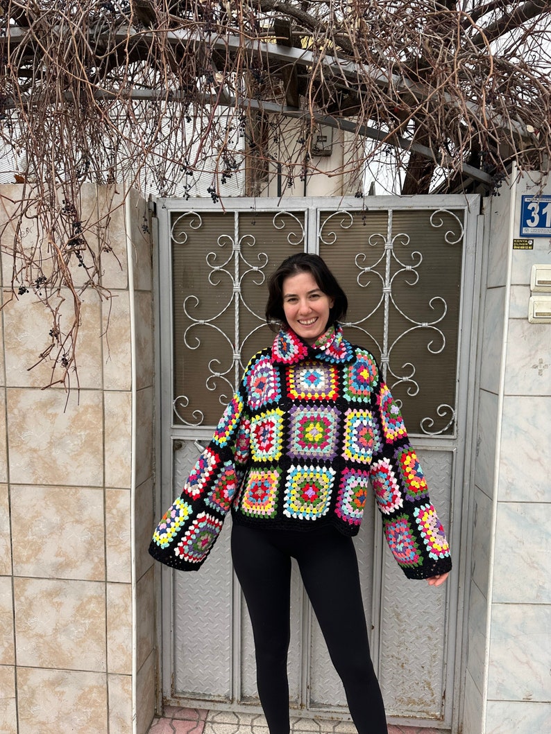 Granny Square Sweater, Oversize Cotton Sweater, Crochet Turtleneck Sweater, Cozy Rainbow Sweater, Unisex Knit Sweater, Patchwork Sweater image 1