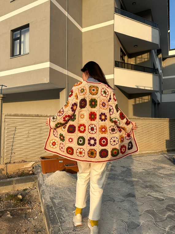Granny Square Afghan Coat, Crochet Floral Cardigan, C… Gem