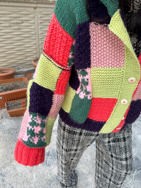 Oversized Jacket, Multicolor Knit Cardigan, Patch… - image 9