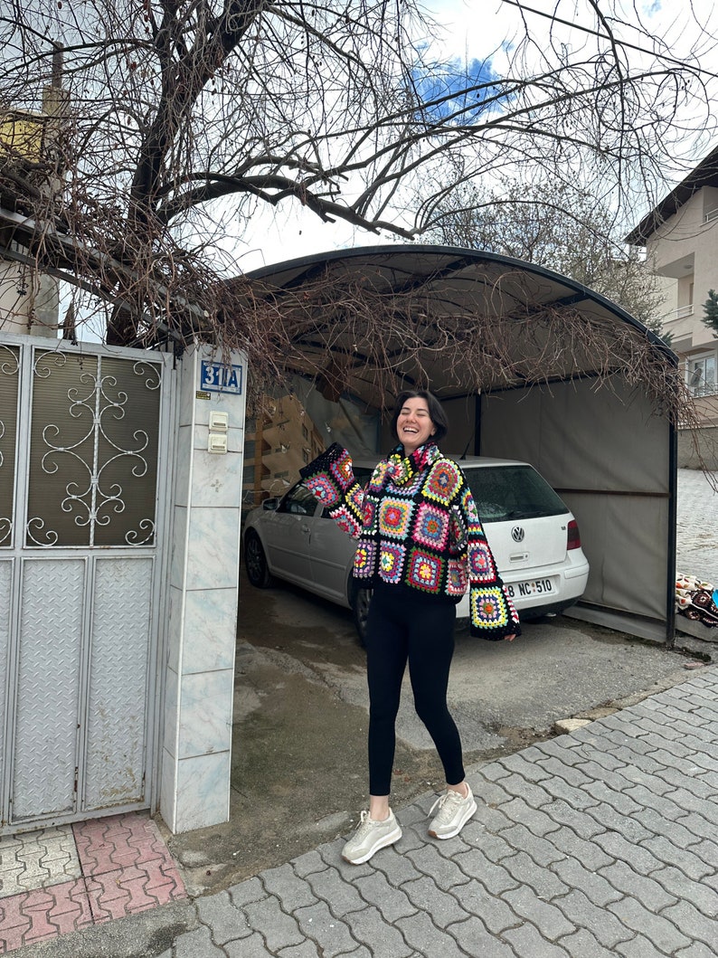 Granny Square Sweater, Oversize Cotton Sweater, Crochet Turtleneck Sweater, Cozy Rainbow Sweater, Unisex Knit Sweater, Patchwork Sweater image 4