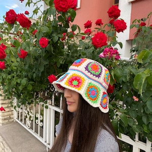 Granny Square Hat, Colorful Bucket Hat, Crochet Hat, Festival Hat, Bucket Hat, Crochet Sun Hat, Summer Sun Hat, Rainbow Crochet Hat, Gift image 8