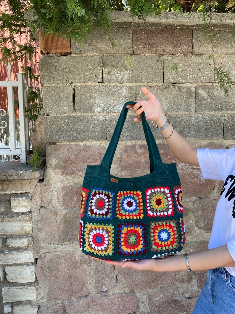 Crochet Bag, Granny Square Bag, Afghan Bag, Hobo Bag, Hippie Bag, Crochet Tote Bag, Retro Bag, Vintage Style, Crochet Purse, Gift for Her image 2