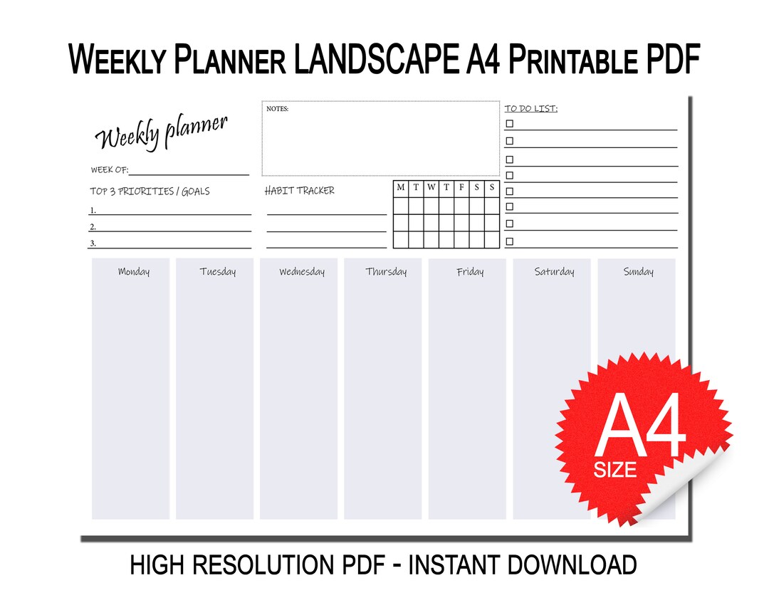 A4 Landscape Weekly Planner | Weekly Planner | PDF Printable | A4 ...
