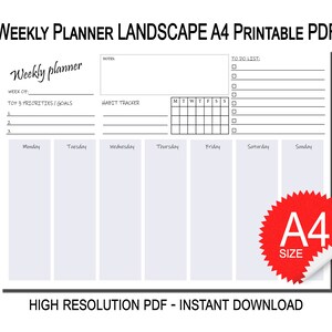 A4 Landscape Weekly Planner | Weekly Planner | PDF Printable | A4 Weekly Planner | Printable Weekly Planner | Instant Download