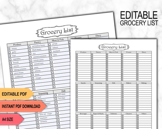 Editable Grocery List Printable Shopping List Customized | Etsy UK