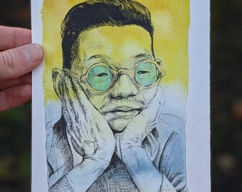 Original Watercolor and Ink Portrait Drawing of Man Wearing Glasses Looking Sad