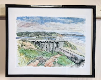 Torrey Pines Bridge San Diego Fine Art Print, Watercolor and Pen