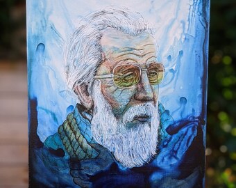 Original Acrylic Ink and Pen Portrait Drawing of Old Bearded Man, Ocean, Aviators